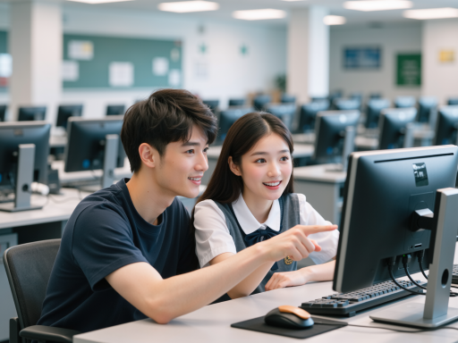 学生在学习AIGC技术的场景，明亮教室环境，年轻男女学生专注操作电脑，显示AI生成内容界面，现代科技感教学设备