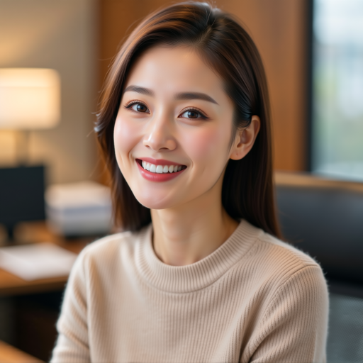 二十八岁左右亚洲女性正面半身肖像，穿米色针织开衫搭配浅色内搭，暖色调办公环境背景虚化，面部受柔和侧光照射，面带微笑，现代专业商务人像摄影风格