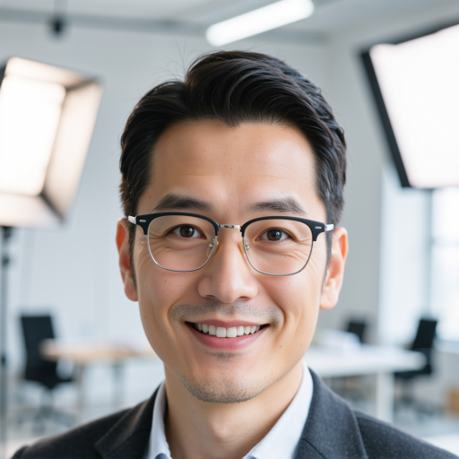 三十岁左右亚洲男性正面半身肖像，穿黑色圆领T恤，浅灰色纯色背景，戴黑框眼镜，面部受均匀影棚光照射，表情沉稳，现代专业商务人像摄影风格