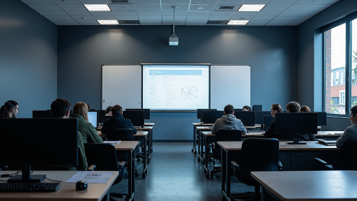 AIGC技术培训工作坊现场，培训师在讲台上授课，学员们认真听讲做笔记，现代化培训教室环境